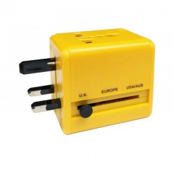 Adaptateur de voyage universel 3 en 1 à prise jaune avec 2 ports USB, charge rapide